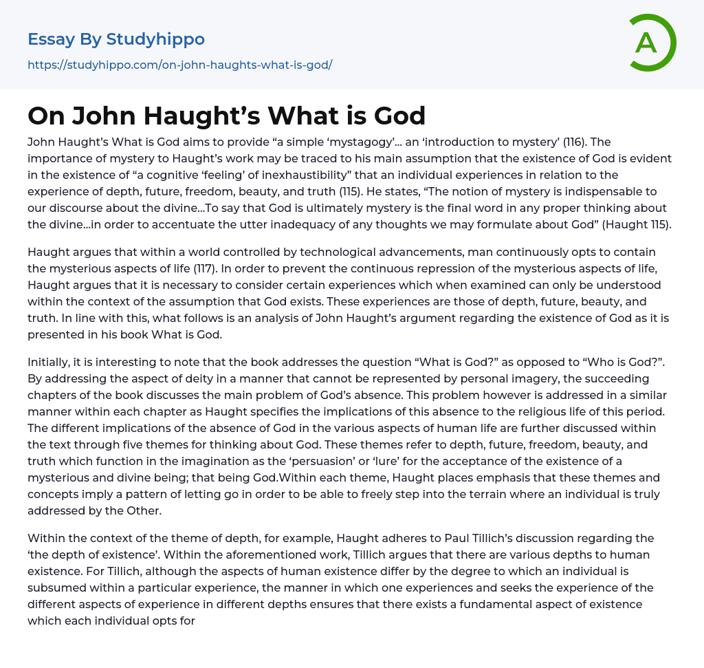 On John Haught’s What is God Essay Example