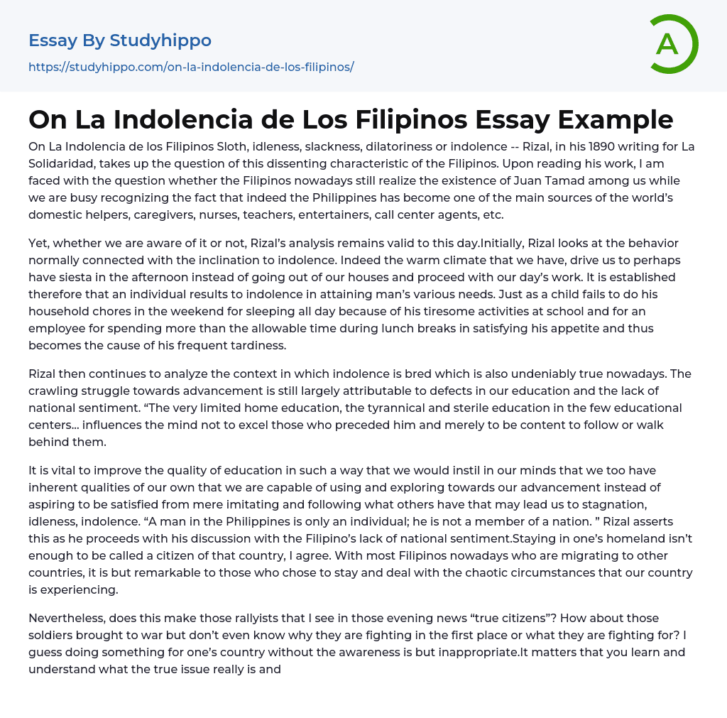 On La Indolencia de Los Filipinos Essay Example