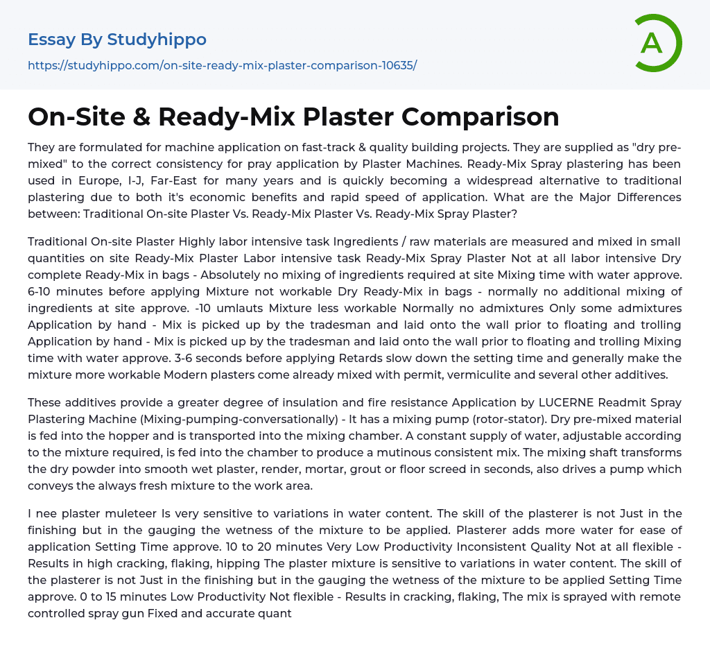 On-Site & Ready-Mix Plaster Comparison Essay Example