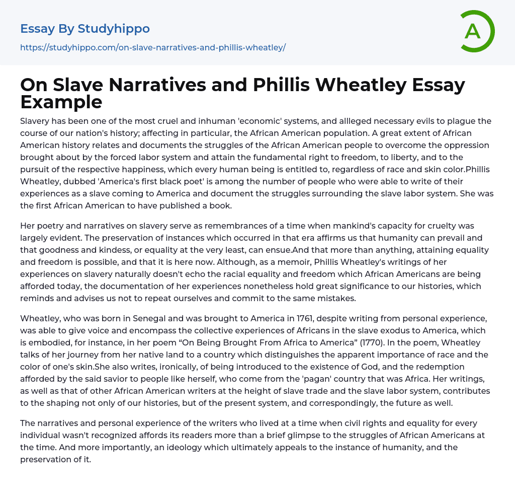 On Slave Narratives and Phillis Wheatley Essay Example