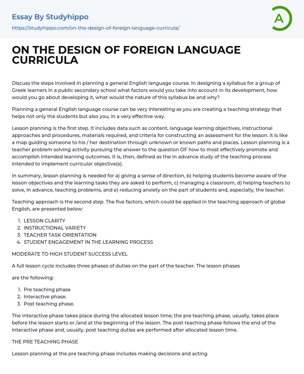 ON THE DESIGN OF FOREIGN LANGUAGE CURRICULA Essay Example