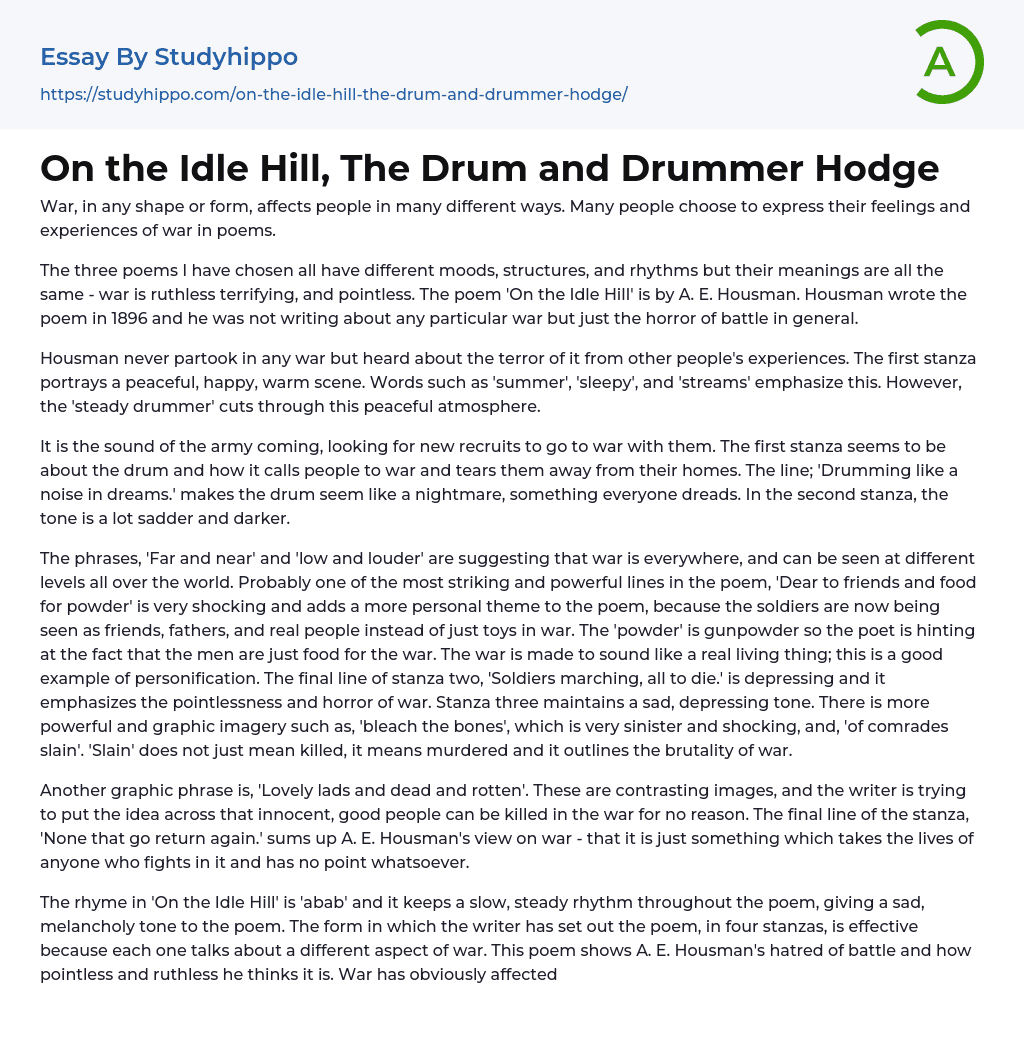 On the Idle Hill, The Drum and Drummer Hodge Essay Example