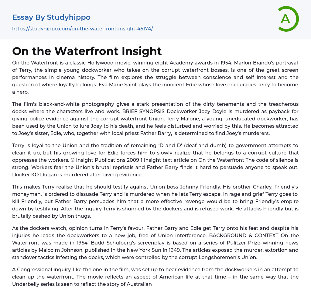 On the Waterfront Insight Essay Example