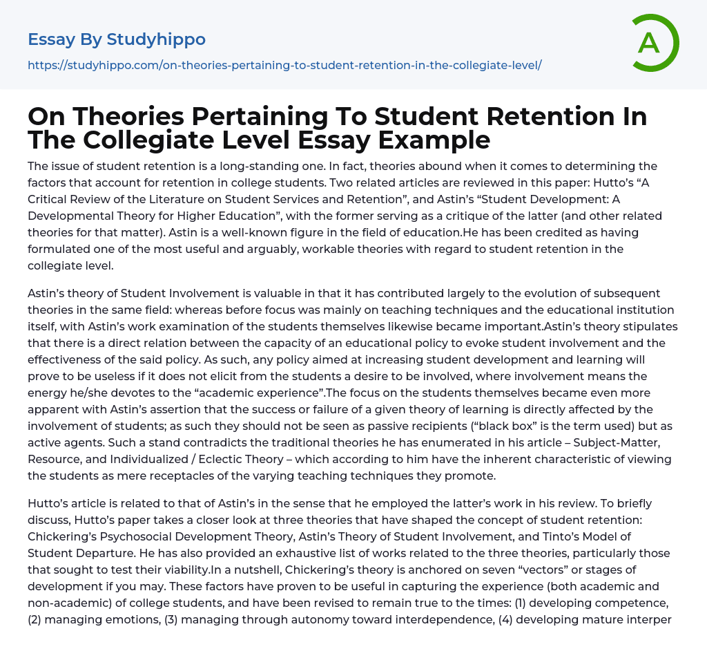 On Theories Pertaining To Student Retention In The Collegiate Level Essay Example