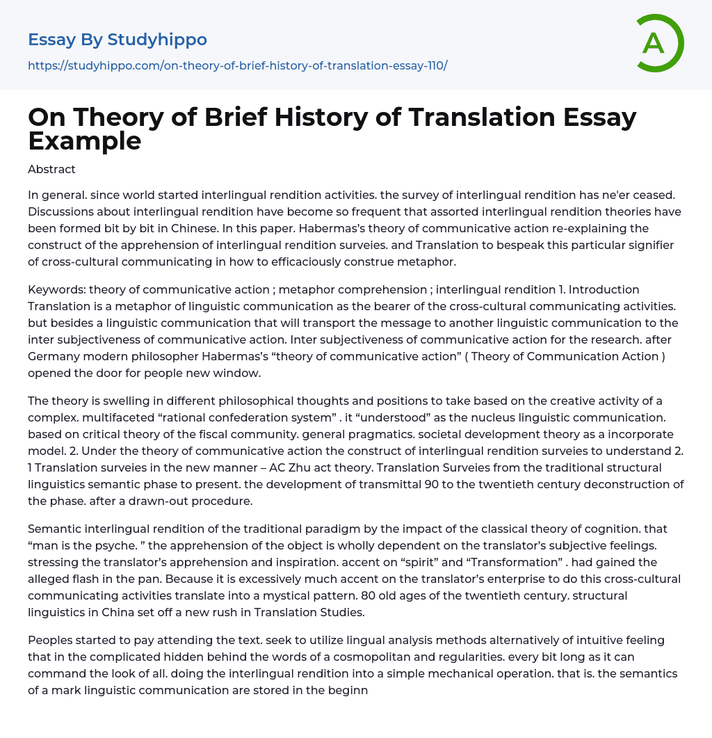 On Theory of Brief History of Translation Essay Example