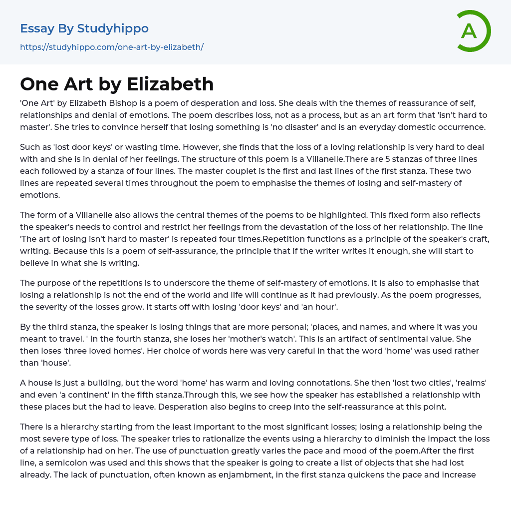 One Art by Elizabeth Essay Example