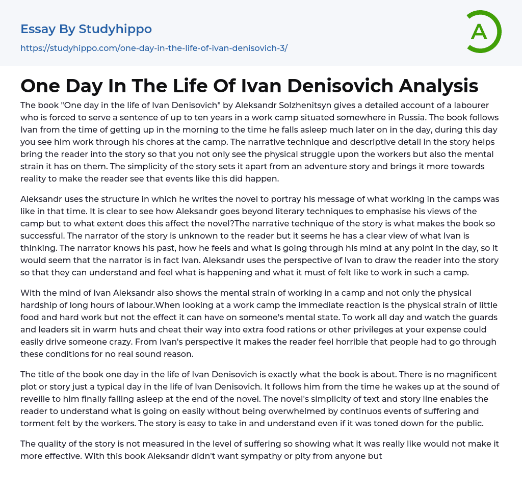 One Day In The Life Of Ivan Denisovich Analysis Essay Example