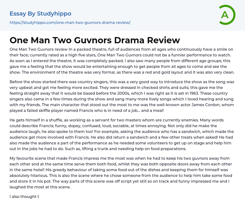 One Man Two Guvnors Drama Review Essay Example