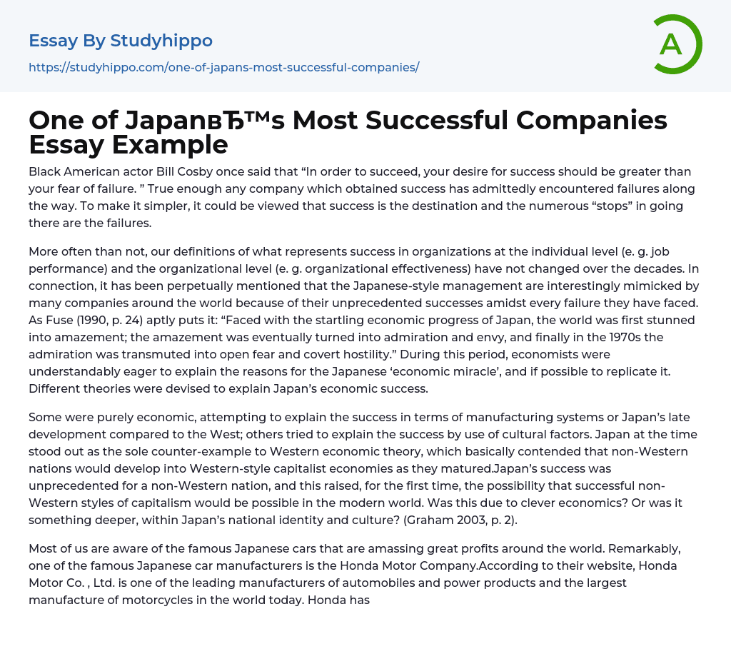 One of Japan’s Most Successful Companies Essay Example