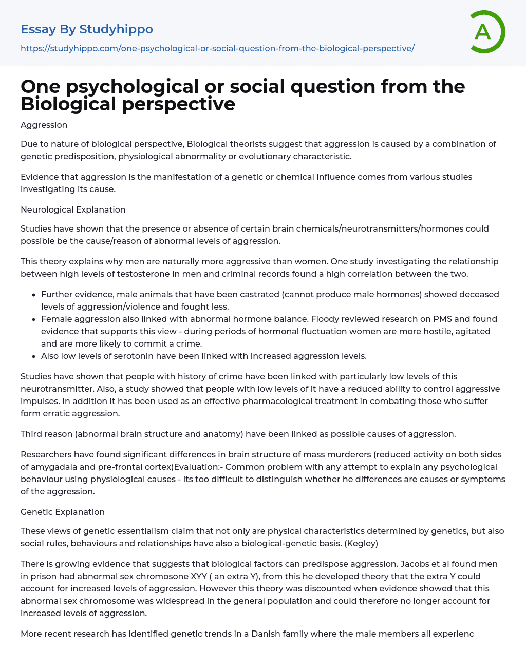 One psychological or social question from the Biological perspective Essay Example