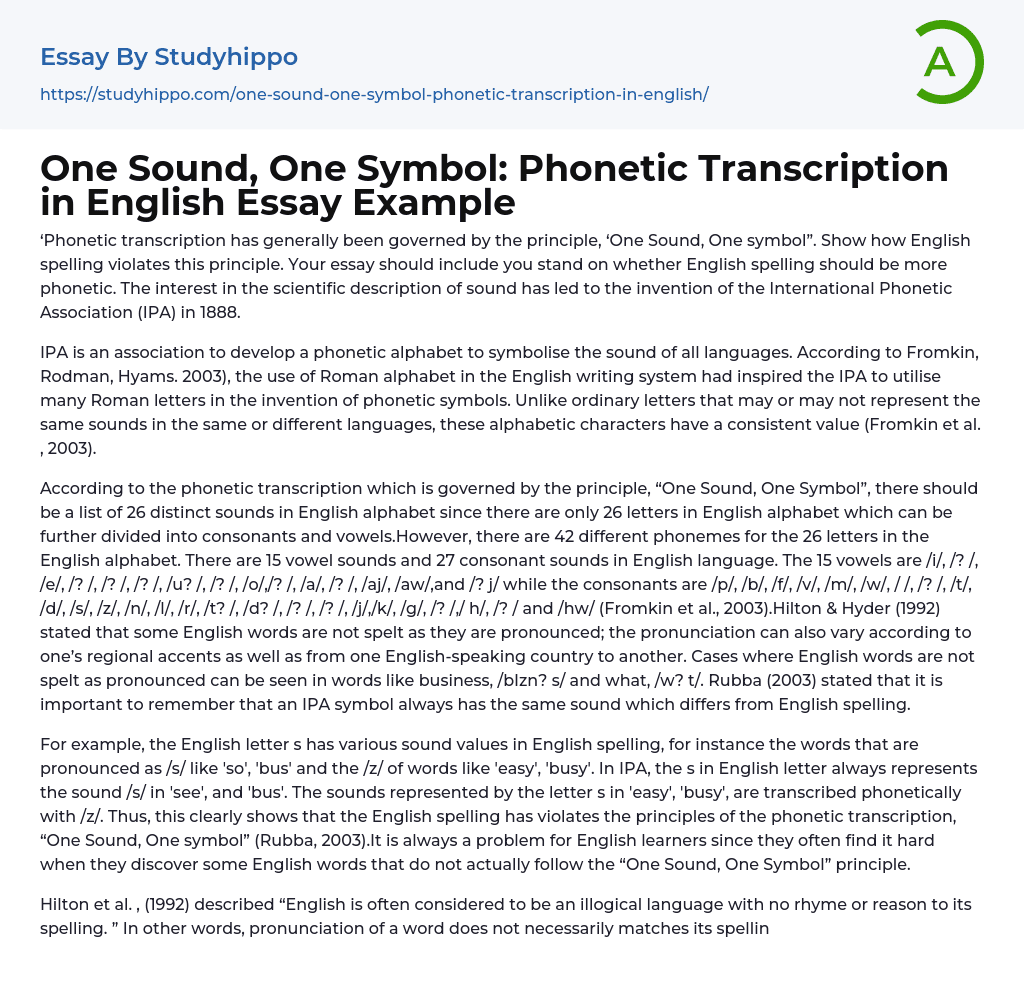 One Sound, One Symbol: Phonetic Transcription in English Essay Example
