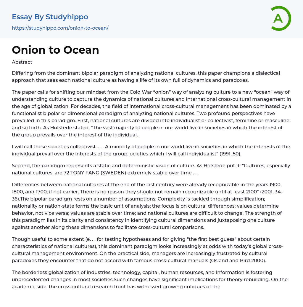 Onion to Ocean Essay Example