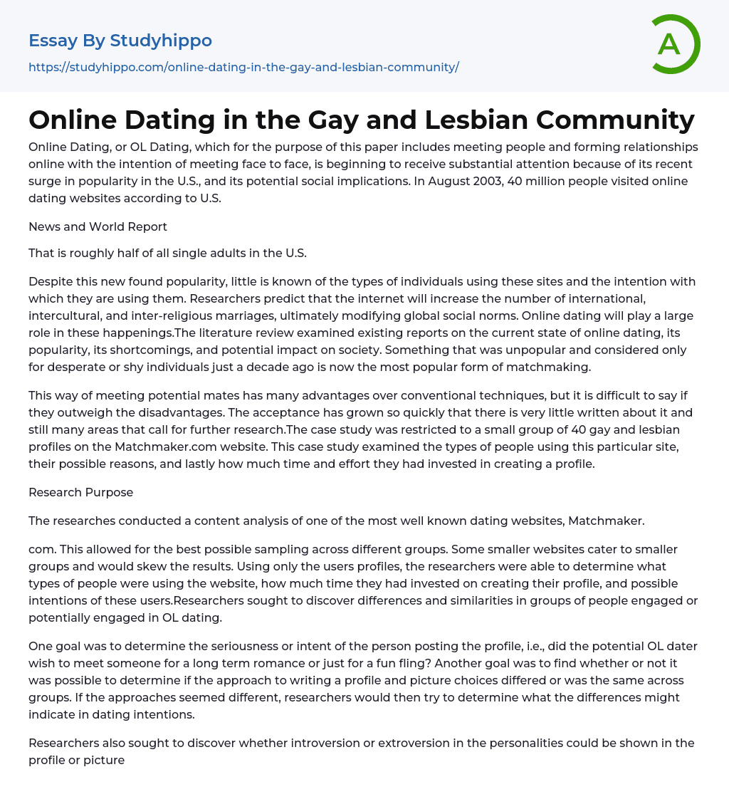 Online Dating in the Gay and Lesbian Community Essay Example