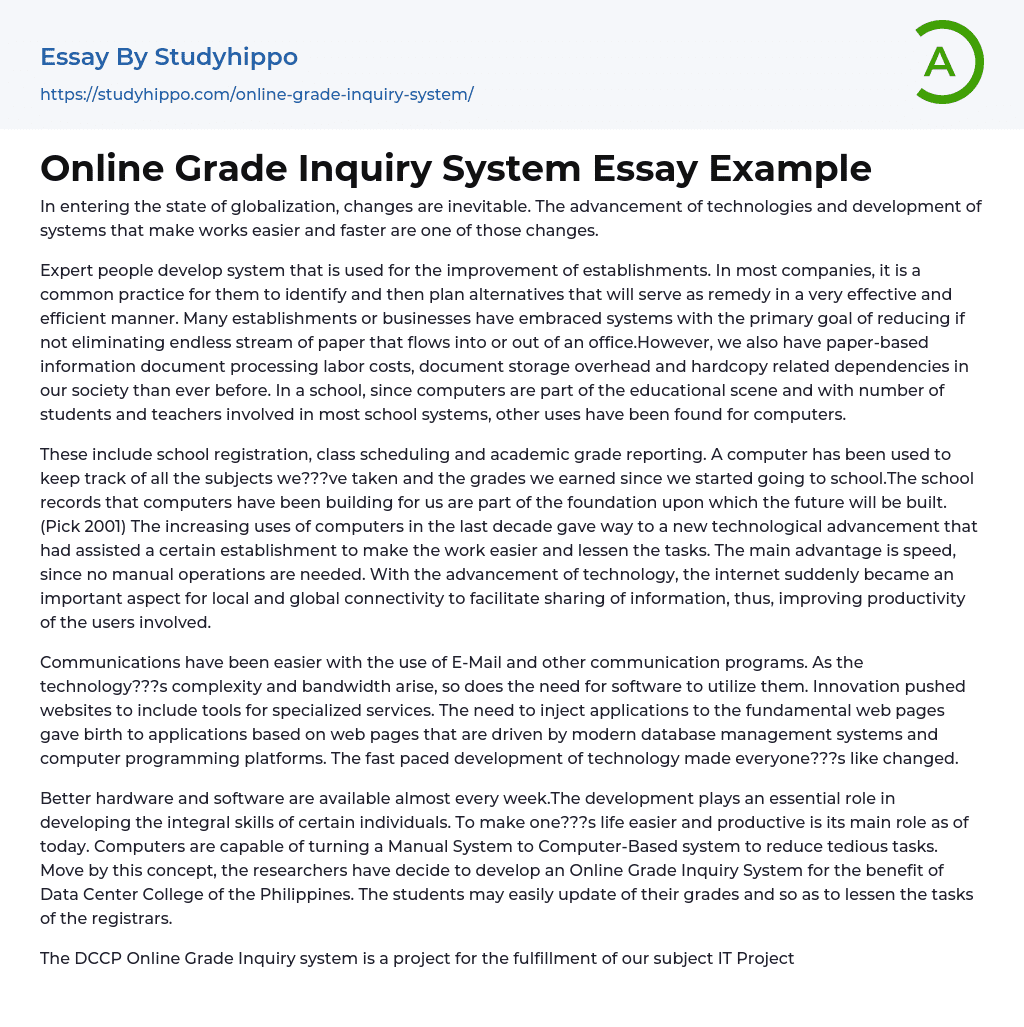 Online Grade Inquiry System Essay Example