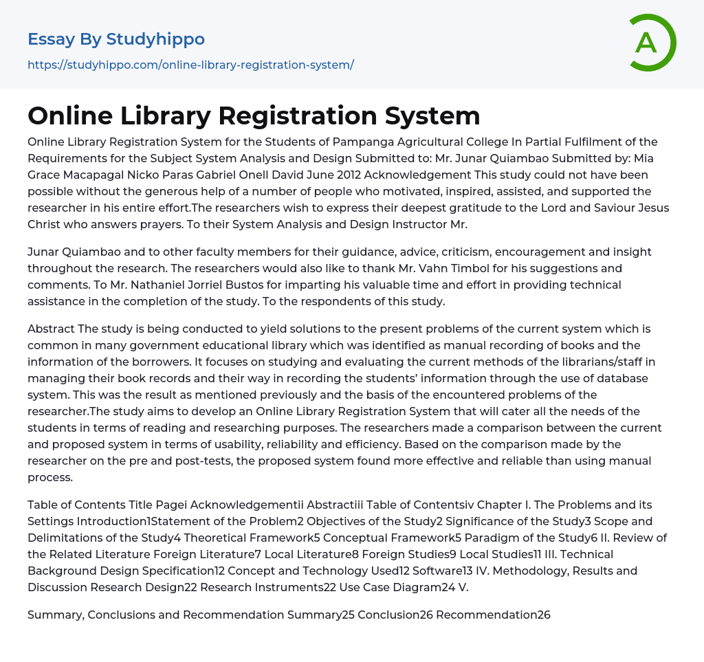 Online Library Registration System Essay Example