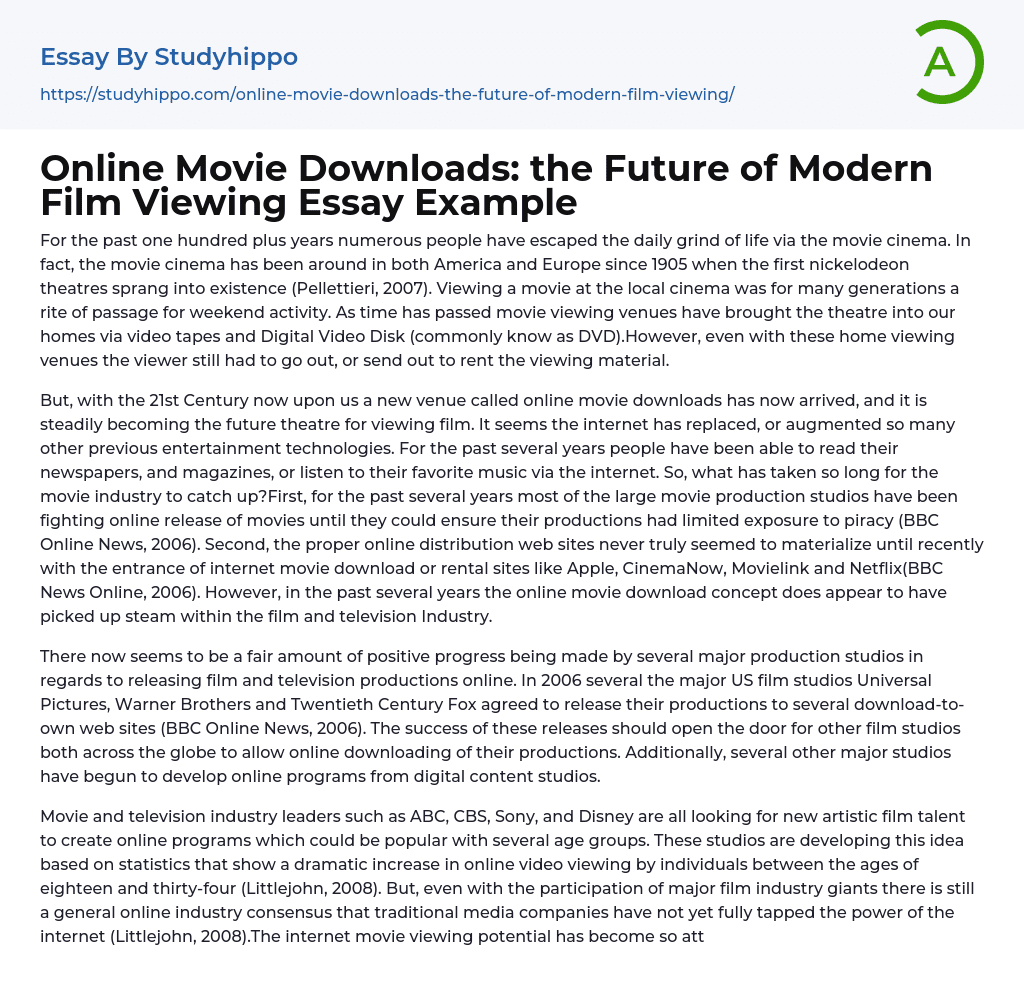 Online Movie Downloads: the Future of Modern Film Viewing Essay Example