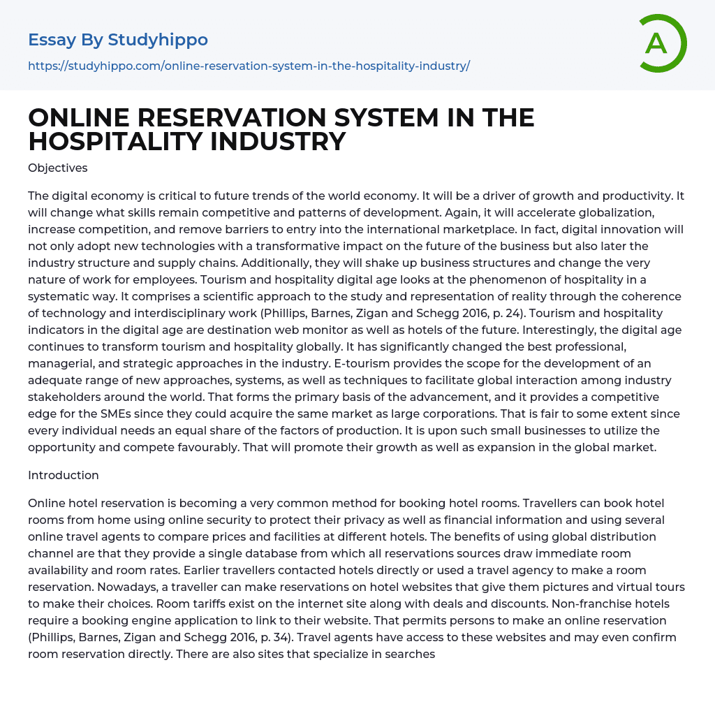 ONLINE RESERVATION SYSTEM IN THE HOSPITALITY INDUSTRY Essay Example