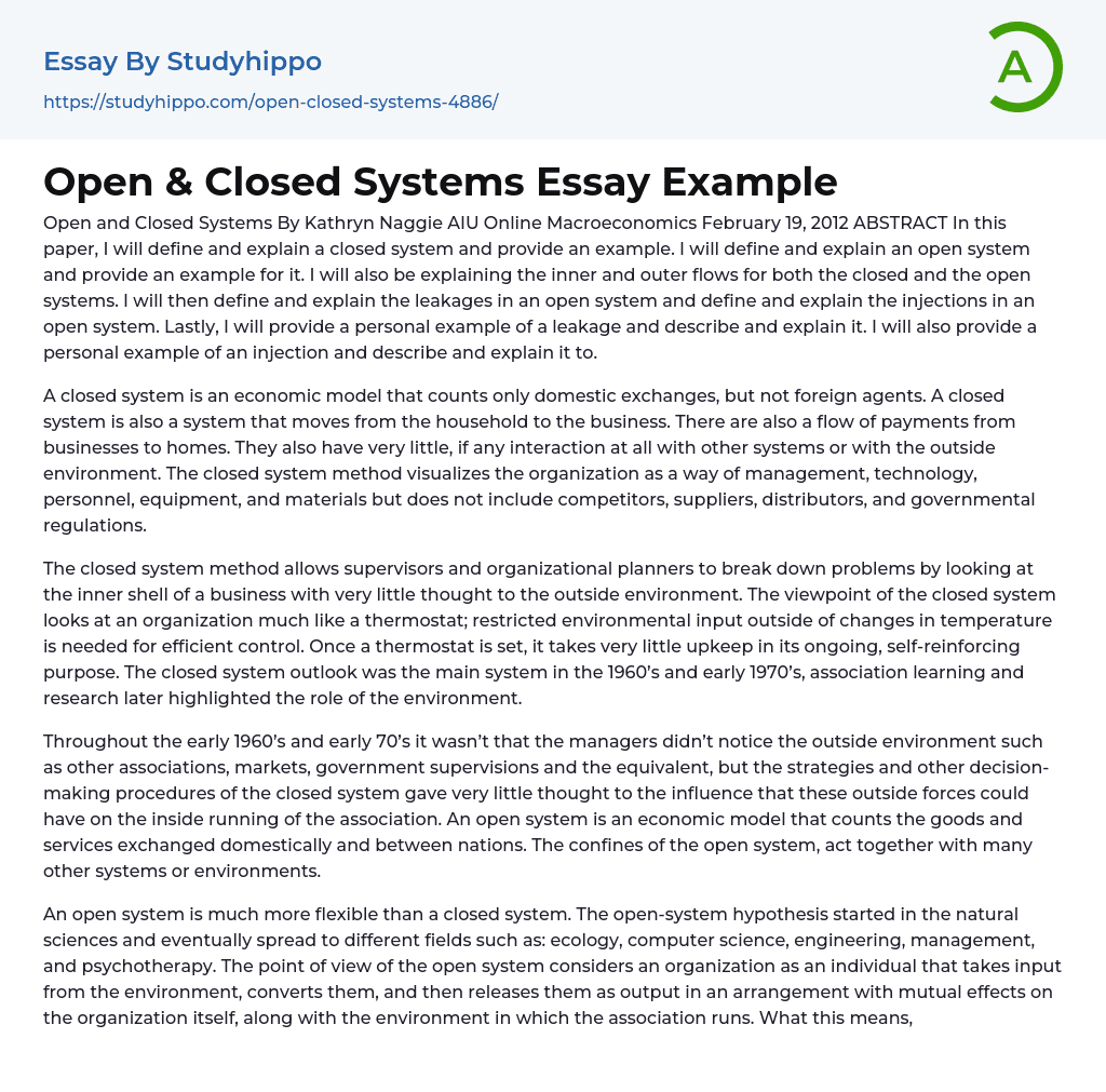 Open & Closed Systems Essay Example