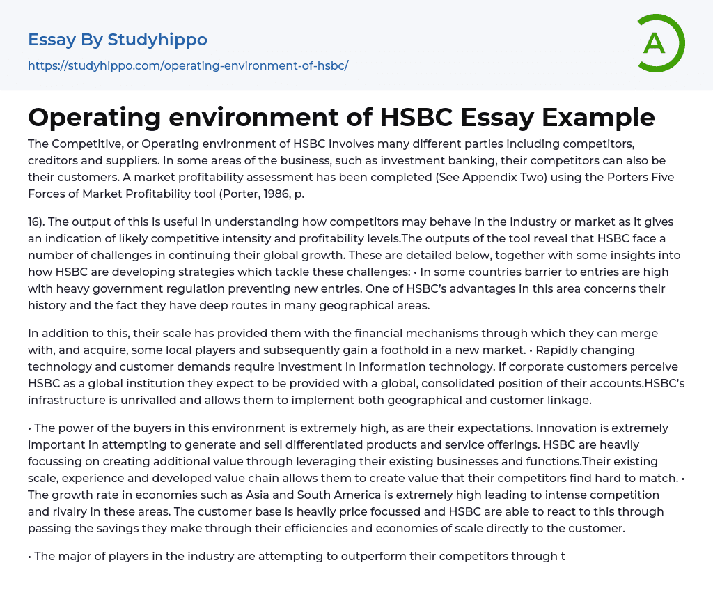 Operating environment of HSBC Essay Example