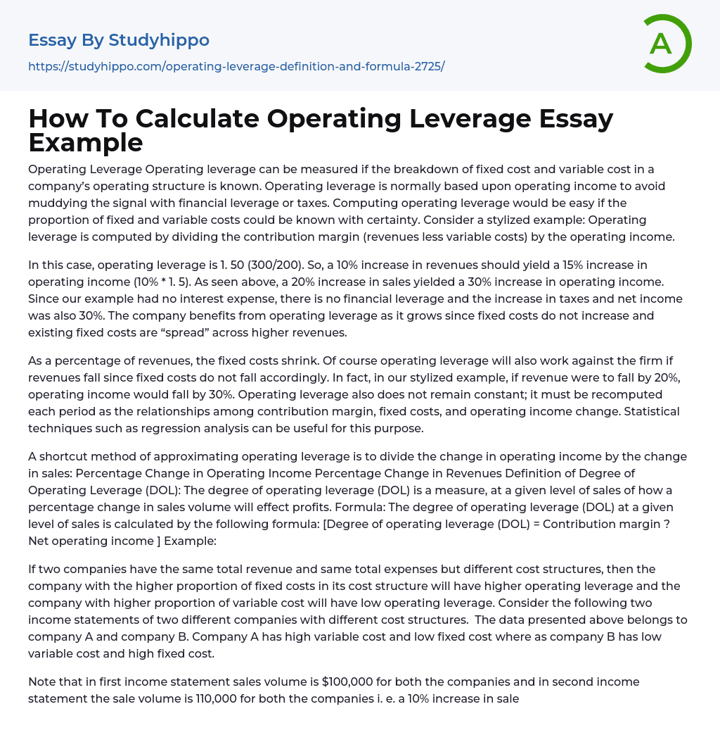 How To Calculate Operating Leverage Essay Example