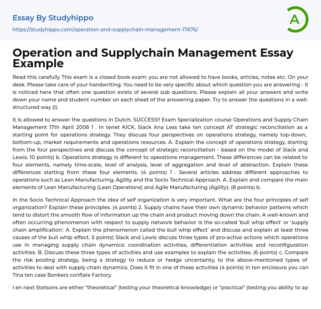 Operation and Supplychain Management Essay Example