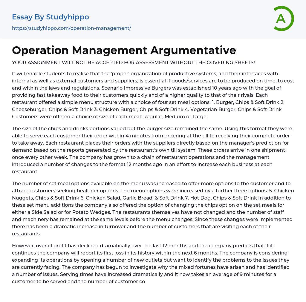 Operation Management Argumentative Essay Example