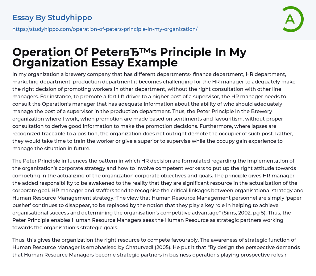 Operation Of Peter’s Principle In My Organization Essay Example