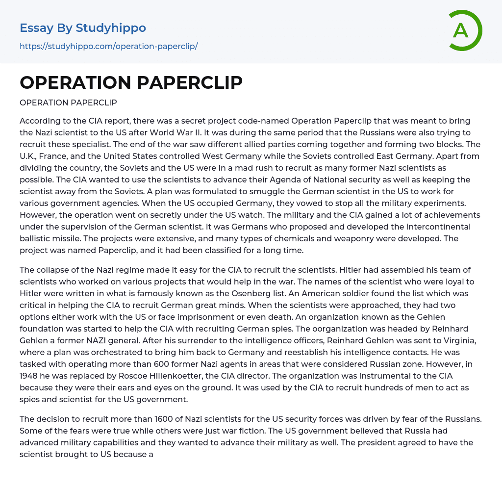 OPERATION PAPERCLIP Essay Example