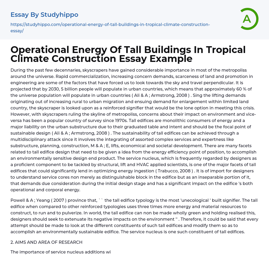 Operational Energy Of Tall Buildings In Tropical Climate Construction Essay Example