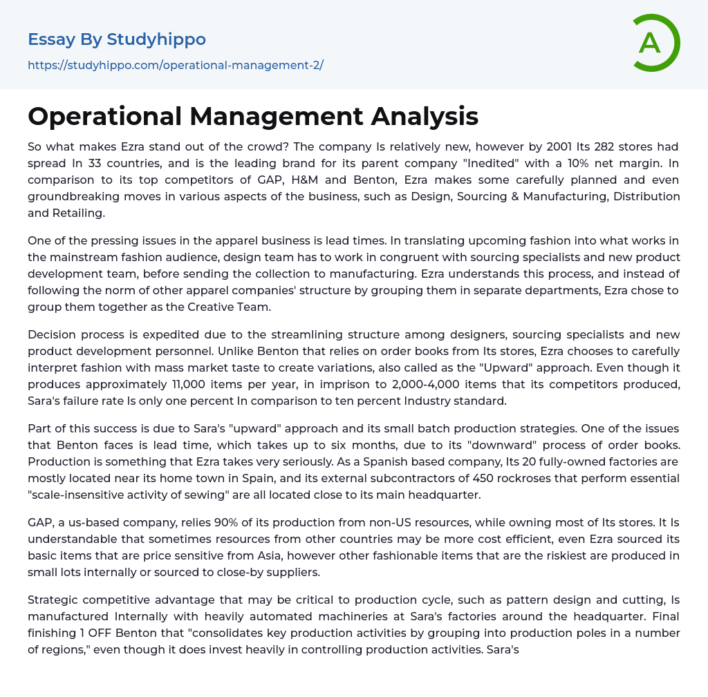 Operational Management Analysis Essay Example
