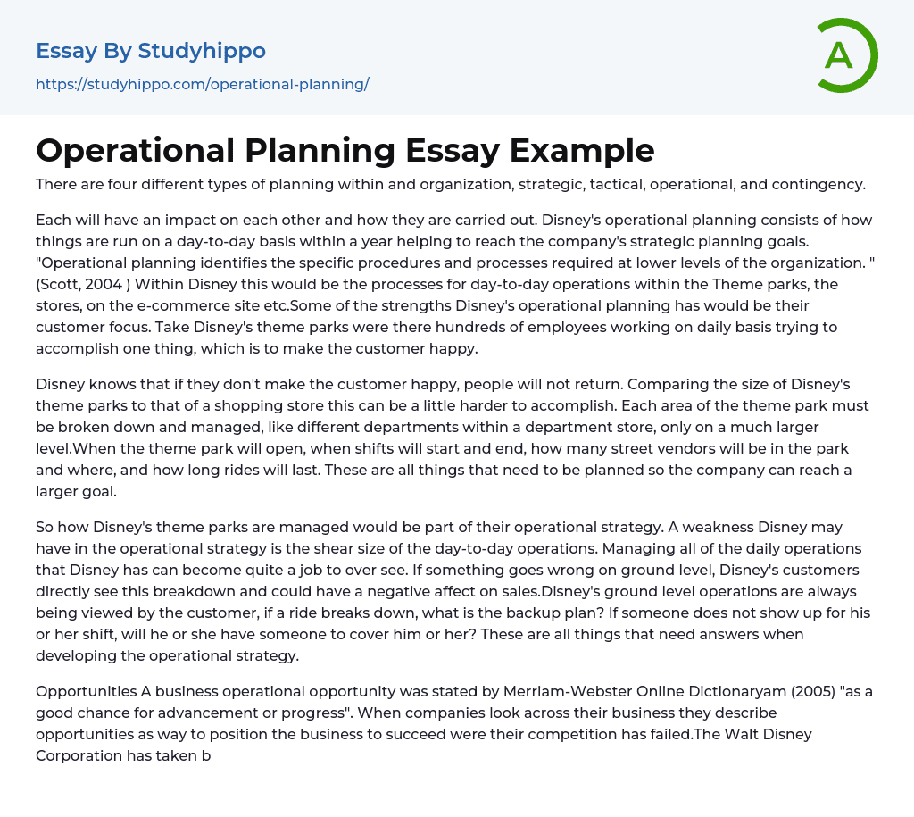 Operational Planning Essay Example