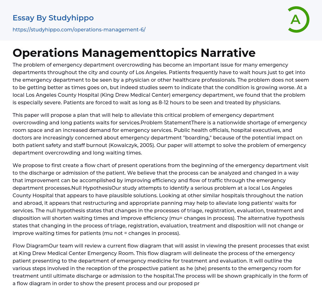 Operations Managementtopics Narrative Essay Example