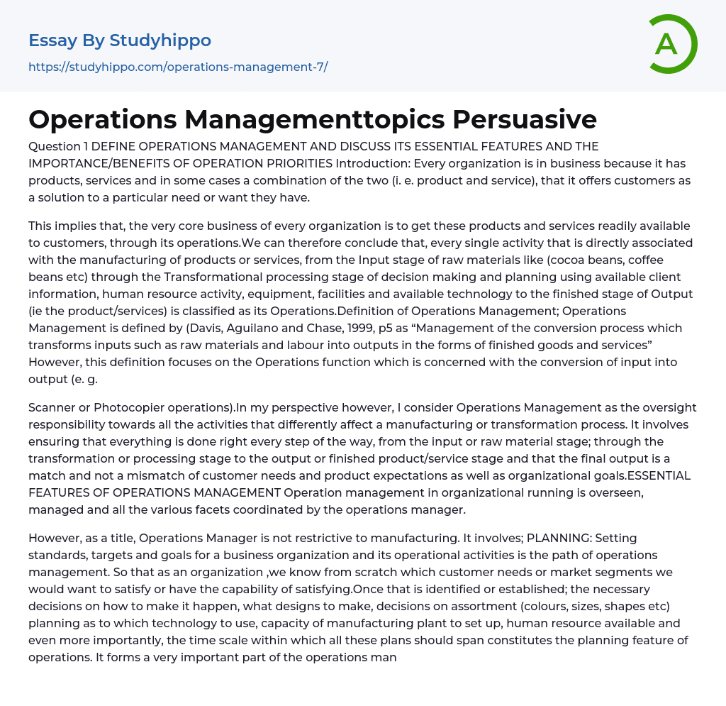 Operations Managementtopics Persuasive Essay Example