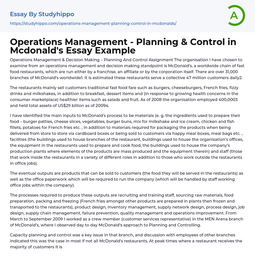 Operations Management – Planning & Control in Mcdonald’s Essay Example
