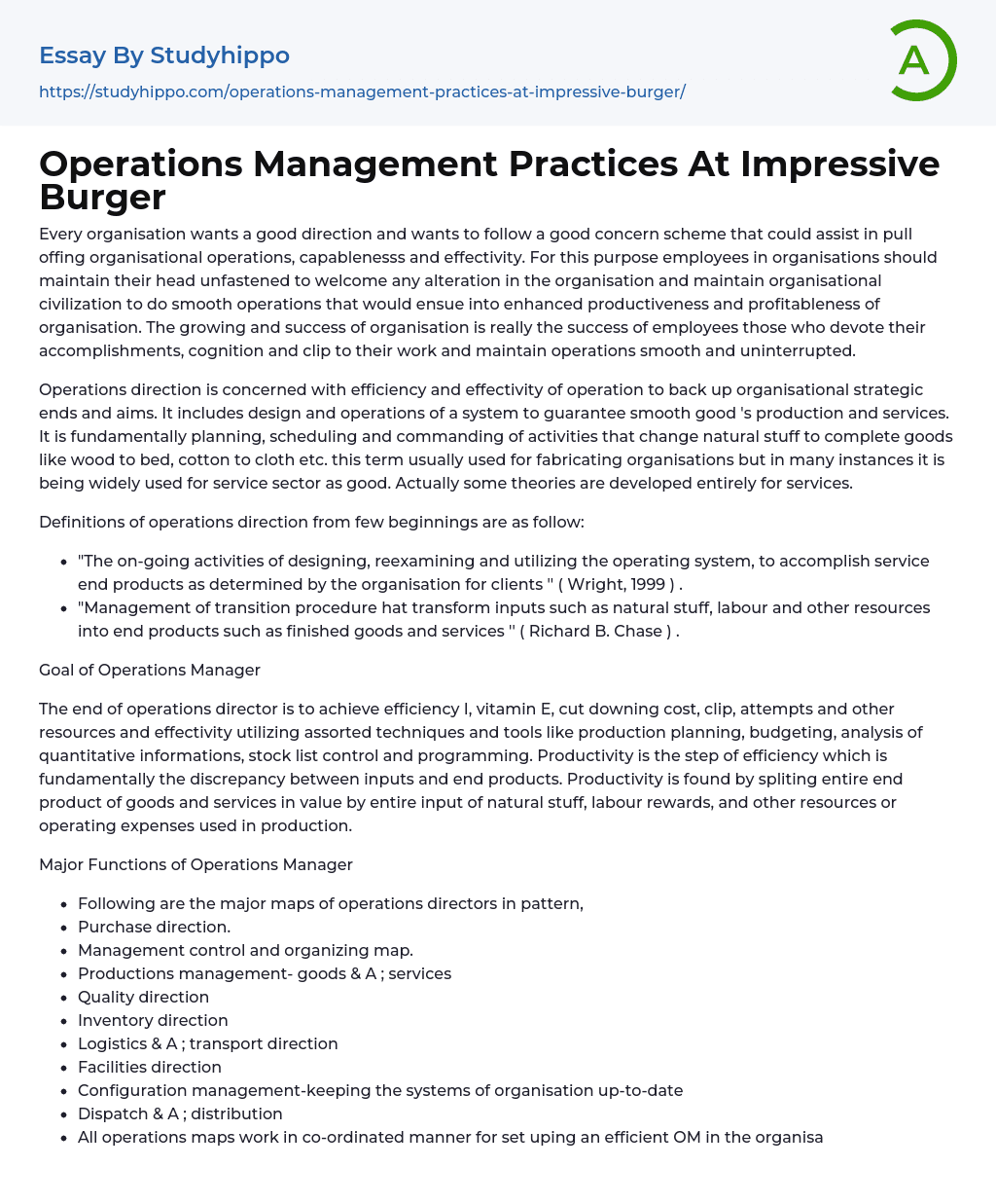 Operations Management Practices At Impressive Burger Essay Example