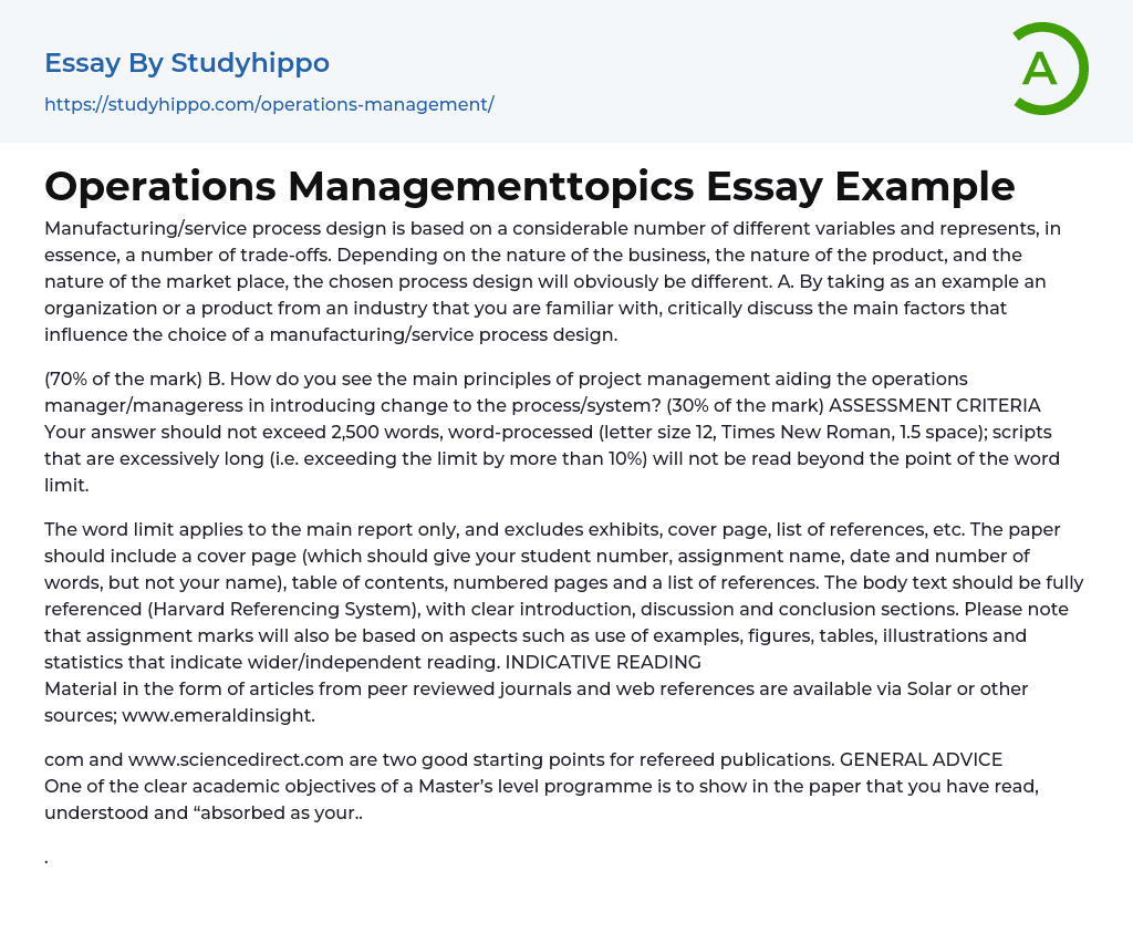 Operations Managementtopics Essay Example