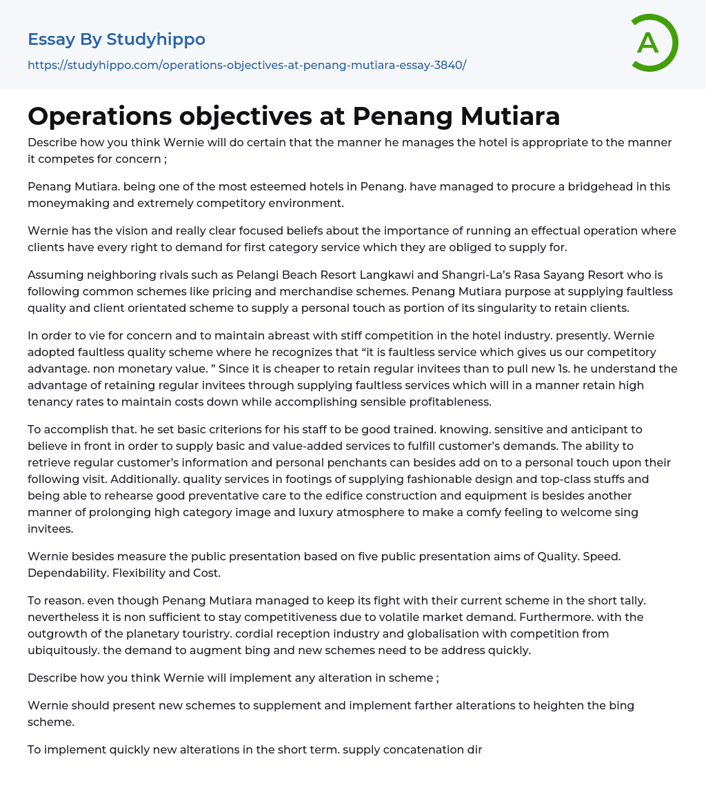 Operations objectives at Penang Mutiara Essay Example