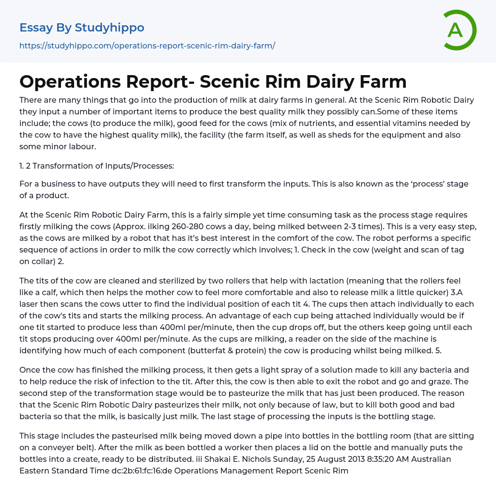 Operations Report- Scenic Rim Dairy Farm Essay Example