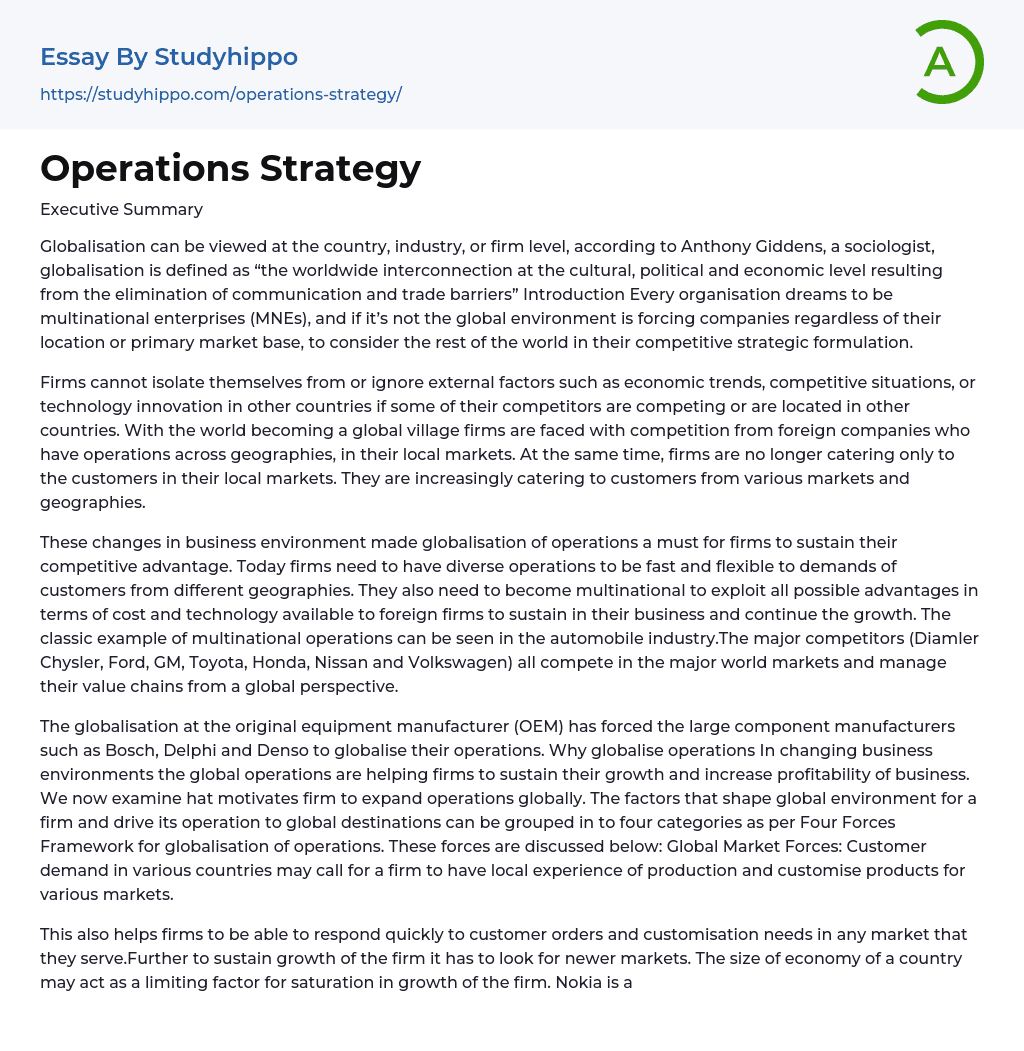Operations Strategy Essay Example