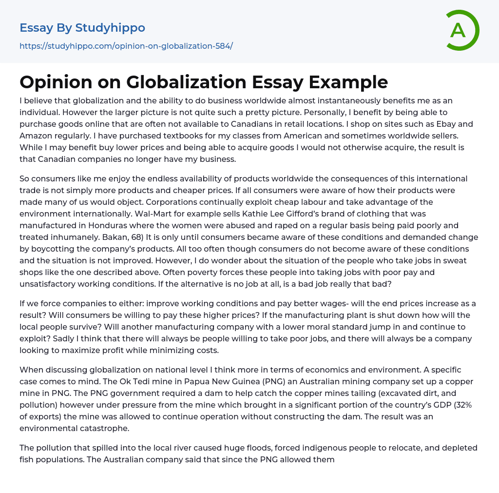 Opinion on Globalization Essay Example