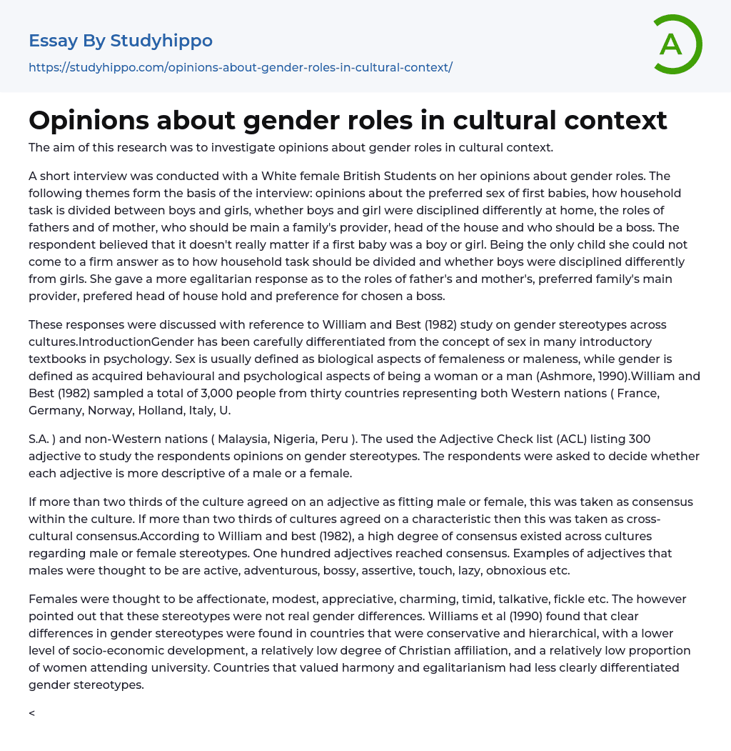 Opinions about gender roles in cultural context Essay Example