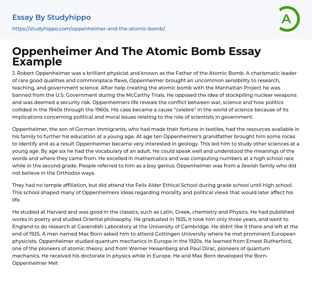 Oppenheimer And The Atomic Bomb Essay Example