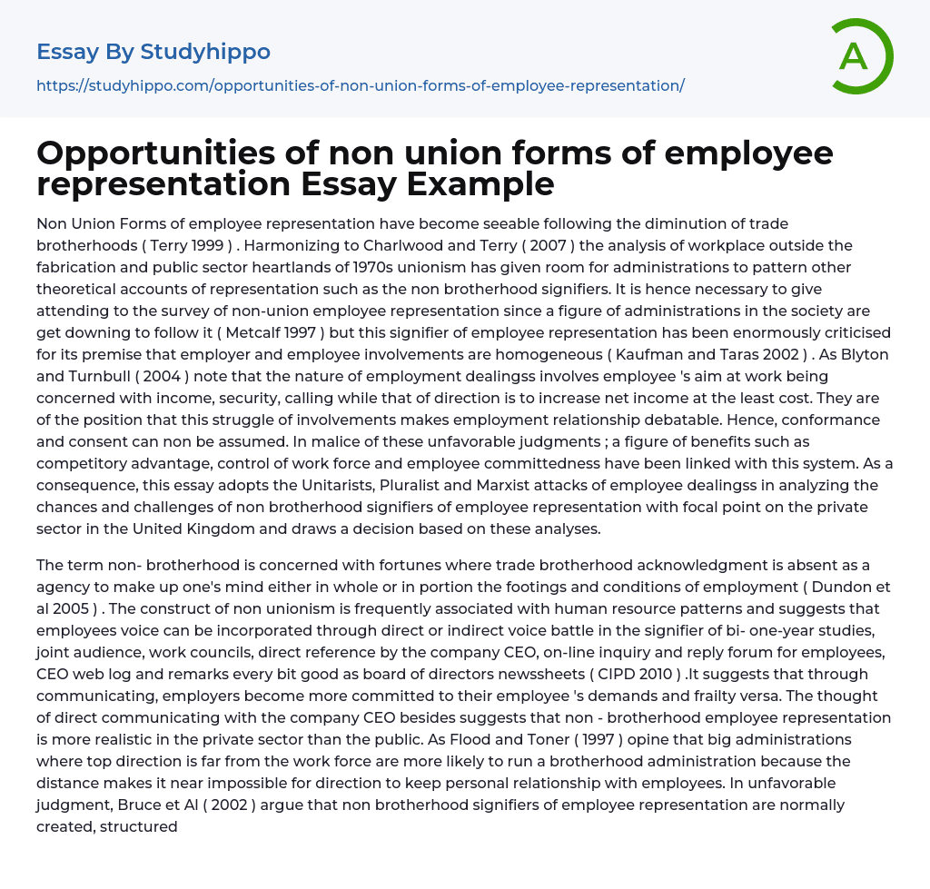 Opportunities of non union forms of employee representation Essay Example