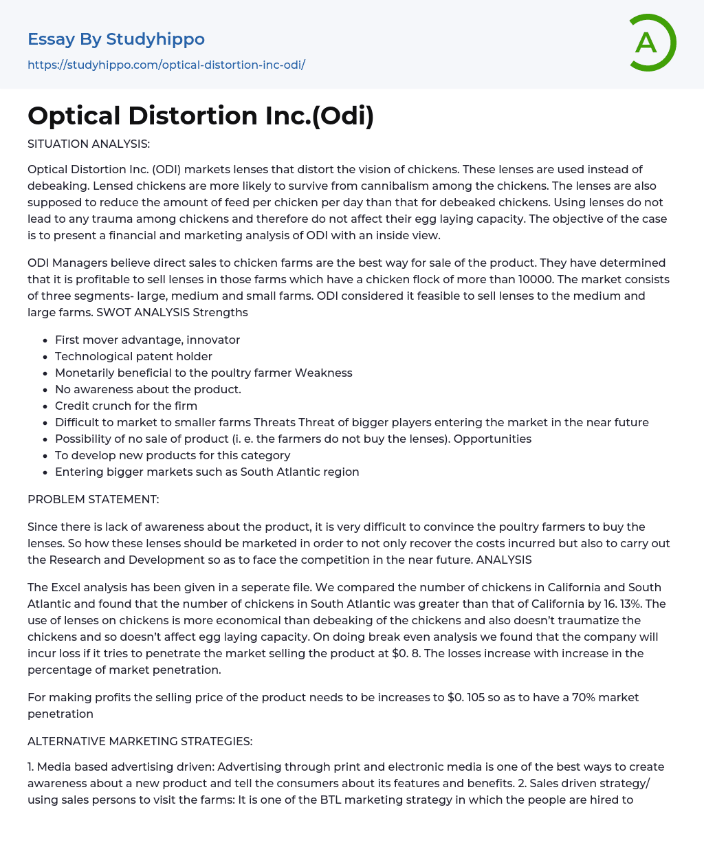 Optical Distortion Inc. (Odi) Essay Example