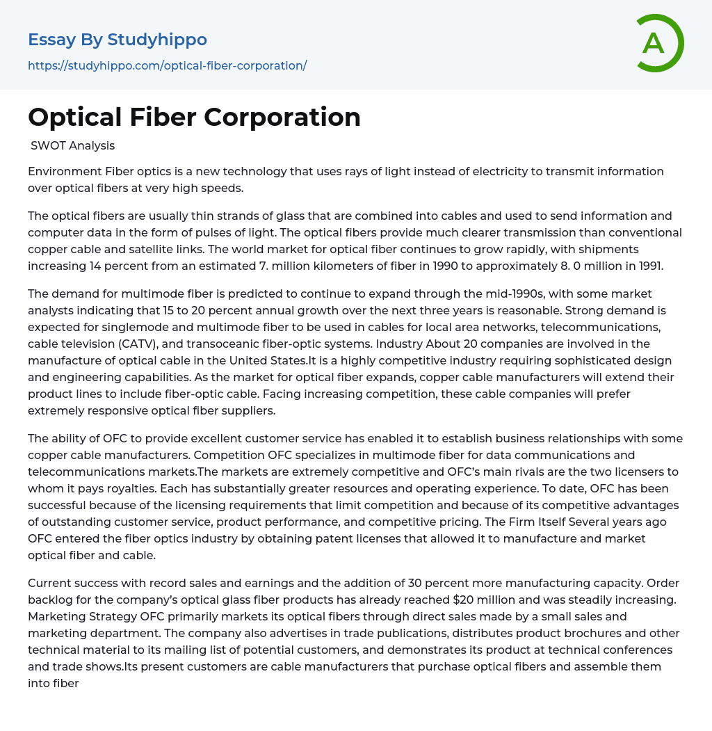 Optical Fiber Corporation Essay Example