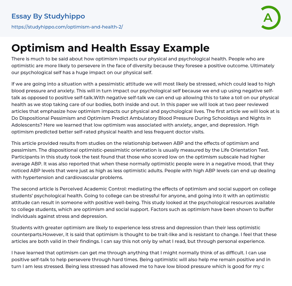 Optimism and Health Essay Example