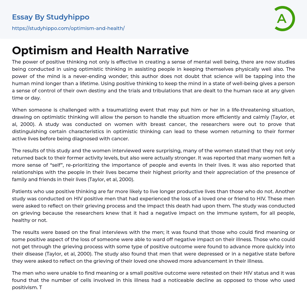 Optimism and Health Narrative Essay Example