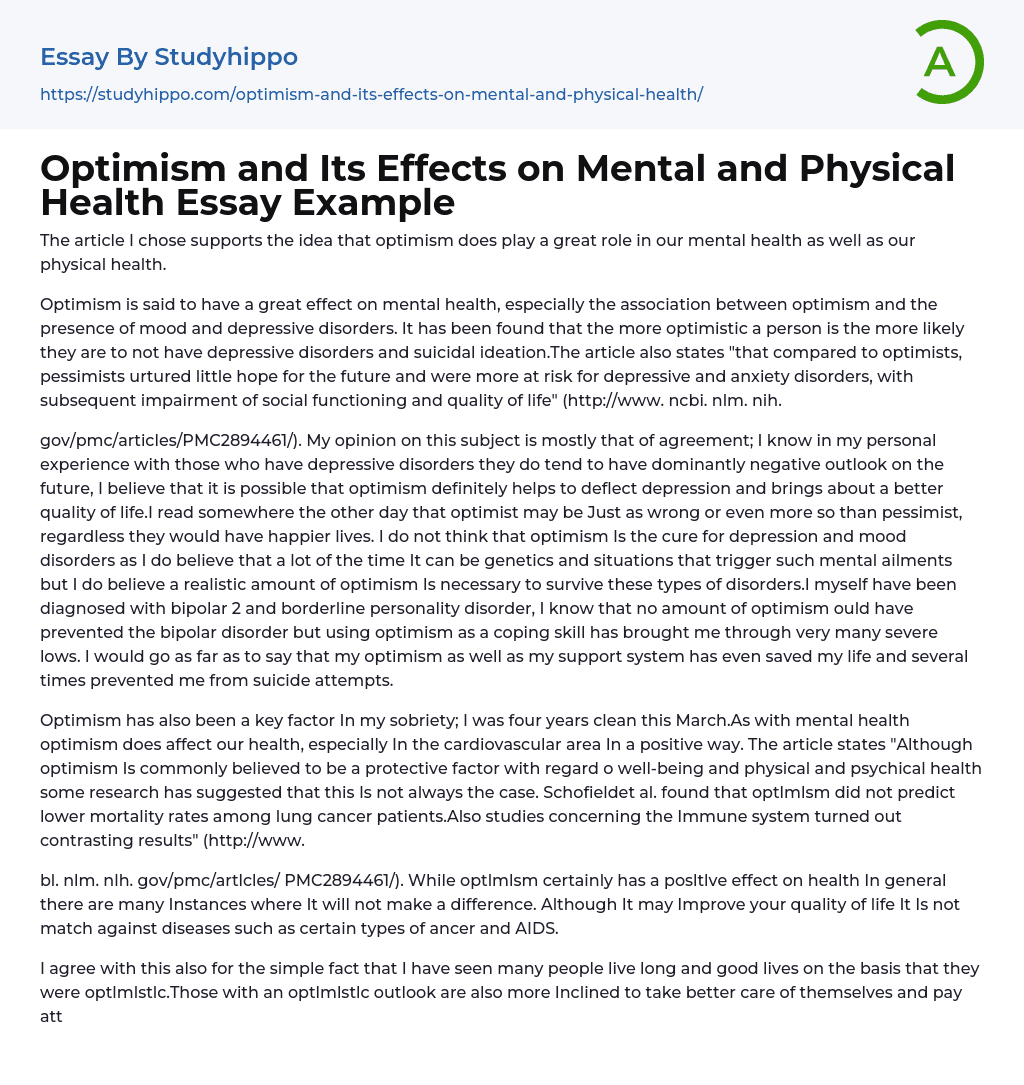 Optimism and Its Effects on Mental and Physical Health Essay Example