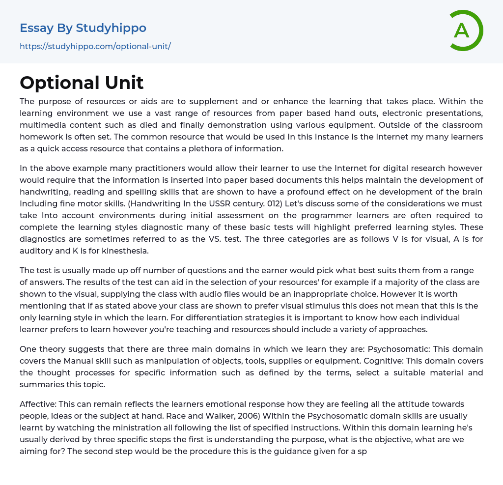 Optional Unit Essay Example