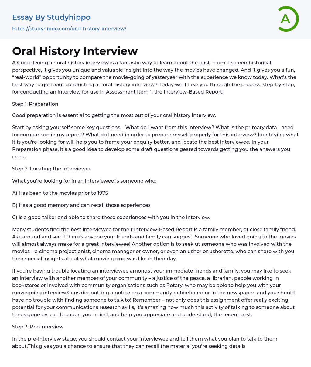 Oral History Interview Essay Example